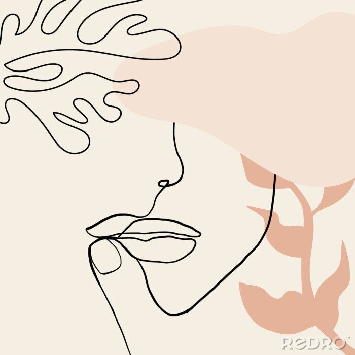 Tableau  Portrait de femme dessin au trait motifs roses