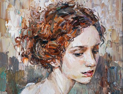 Tableau  Portrait of a young, dreamy girl with curly brown hair. Oil painting on canvas.