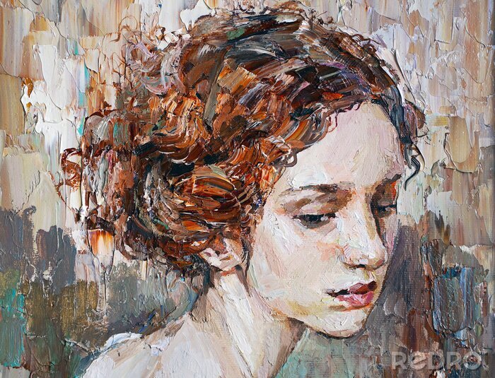 Tableau  Portrait of a young, dreamy girl with curly brown hair. Oil painting on canvas.