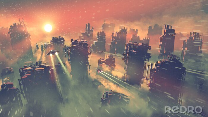 Tableau  post apocalypse scenery showing of spaceships flying above abandoned skyscrapers, digital art style, illustration painting