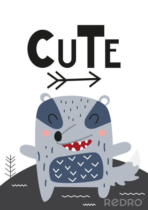 Tableau  Poster for nursery scandi design with cute badger in Scandinavian style. Vector Illustration. Kids illustration for baby clothes, greeting card, wrapping paper. Lettering Cute.