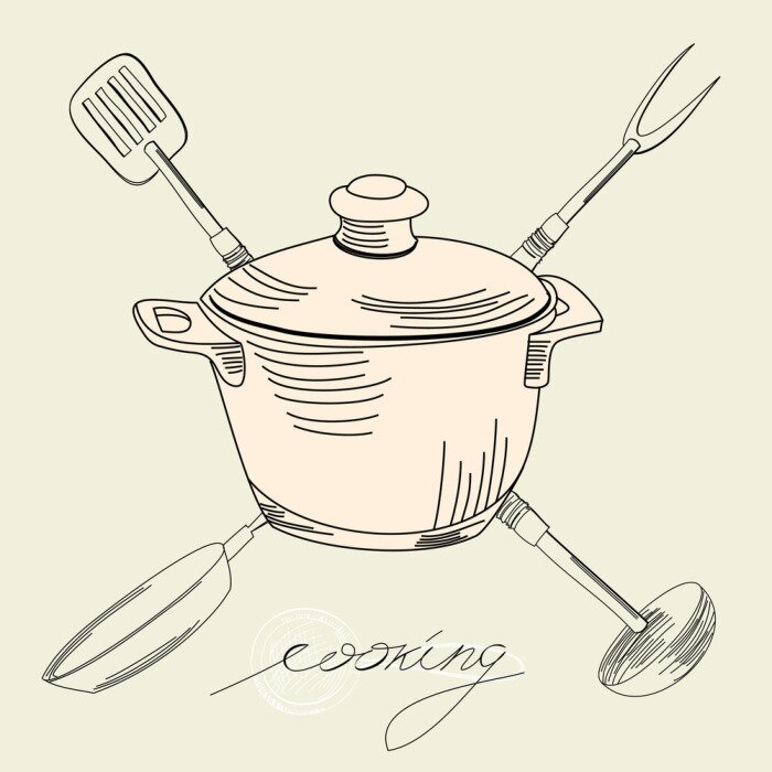 Tableau  Pot sur fond d'accessoires de cuisine croisés