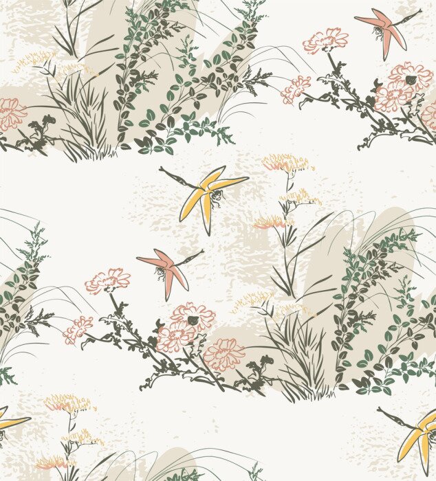 Tableau  Prairie avec fleurs et libellules