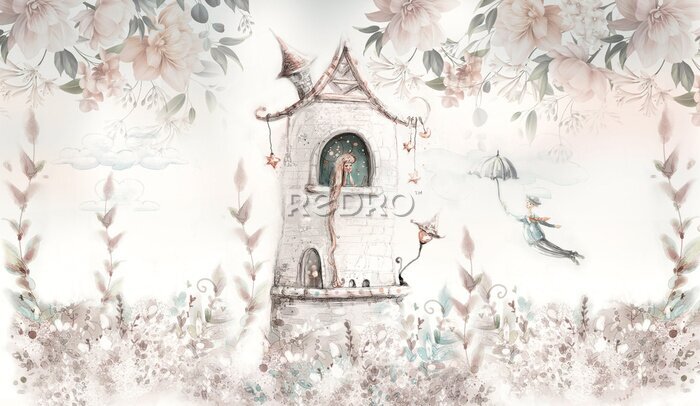 Tableau  Princess in the tower with floral background. Wallpaper for kids. Mural, art backgronud. 