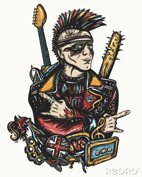 Tableau  Punk rock. Street music culture. Tattoo and t-shirt design. Punker with mohawk hairstyle, musician and electric guitar. Guitarist. Hooligans lifestyle. Anarchy art