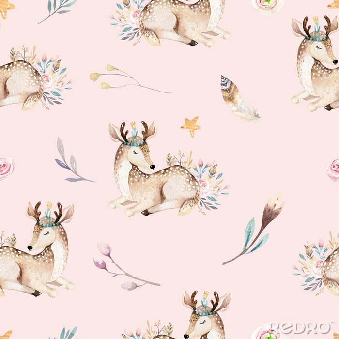 Tableau  Raccon mignon de bébé de famille, cerf et lapin. girafe de pépinière animale et ours isolé illustration. Aquarelle boho raccon dessin pépinière modèle sans couture. Fond d'enfants, impression de crèch