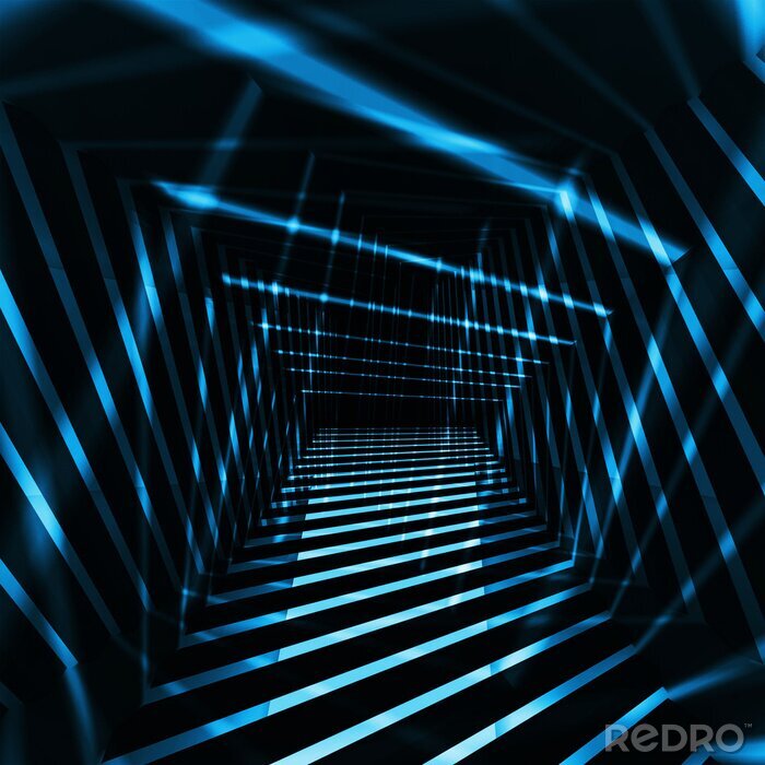 Tableau  Résumé de fond d'intérieur 3D foncé avec des faisceaux de lumière de nuit bleu