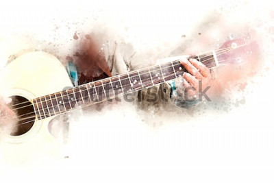 Tableau  Résumé un homme jouant de la peinture colorée aquarelle guitare acoustique.