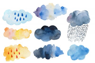 Tableau  Retro clouds and rain in the sky illustration blue scandinavian style background Retro clouds and rain in the sky illustration blue scandinavian style background