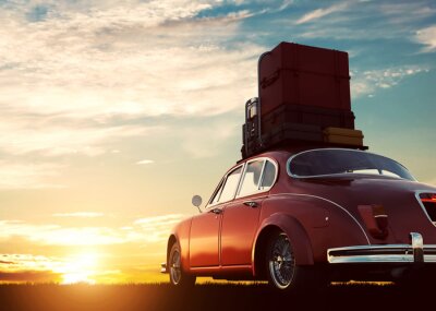Tableau  Rétro, rouge, voiture, bagage, toit, étagère, Coucher soleil Voyages, concepts de vacances.