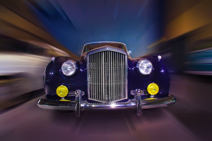 Tableau  rétro voiture se déplace sur la rue de la ville