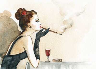 Tableau  Retro woman portrait with cigarette . watercolor illustration