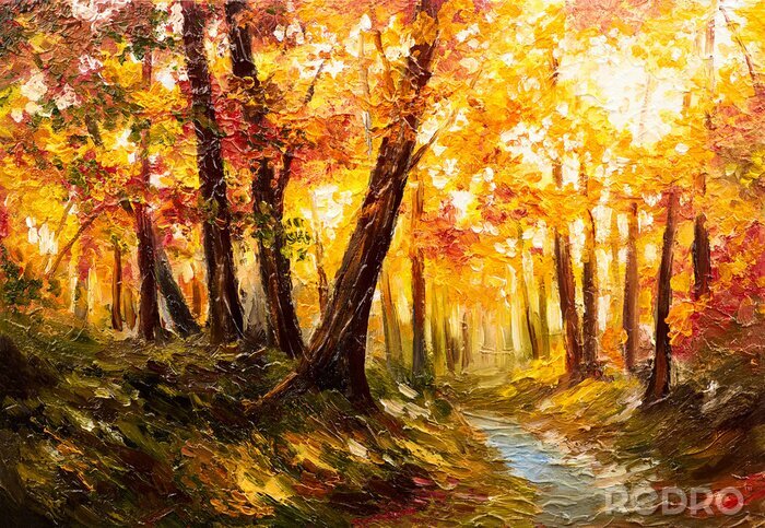 Tableau  Rivière dans une forêt et paysage d'automne