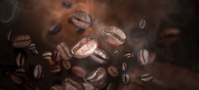 Tableau  Roasted coffee beans on grey background, closeup