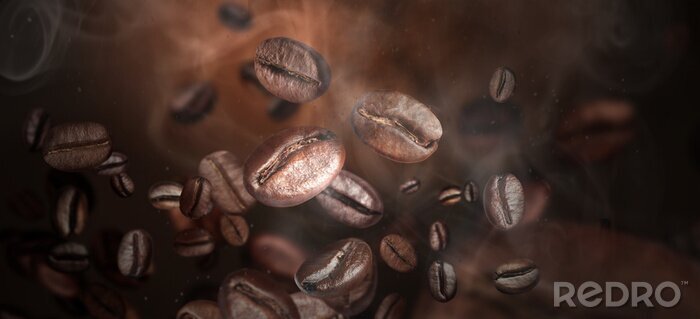 Tableau  Roasted coffee beans on grey background, closeup