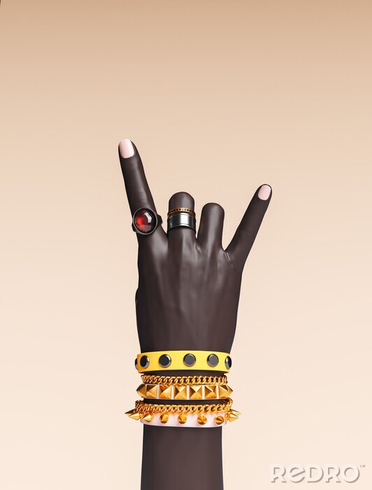 Tableau  Rock hand sign, female hand punk rock gesture with gold wrist bracelets and finger rings isolated, creative art protest banner, fashion hipster accessories, 3d rendering