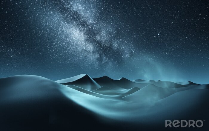 Tableau  Rolling sand dunes at night with the milky way banding across the sky. Mixed media illustration.