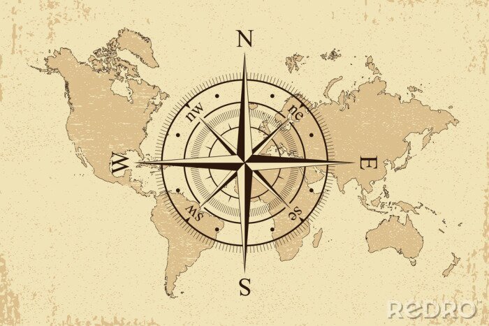 Tableau  Rose des vents sur le fond de la carte du monde