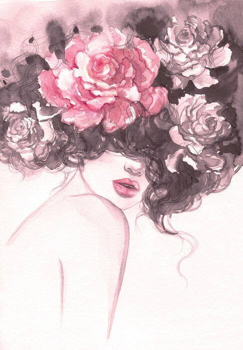 Tableau  Roses aquarelles sensuelles dans les cheveux