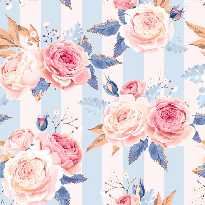 Tableau  Roses roses avec graphique de feuilles bleues