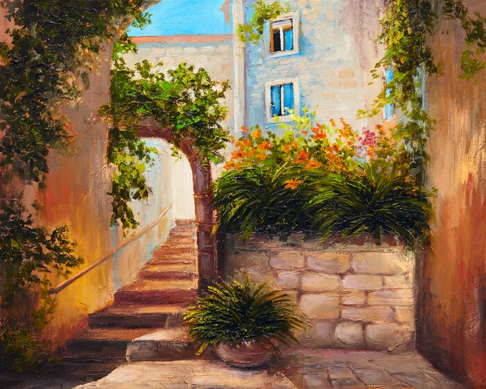 Tableau  Ruelle fleurie style peinture