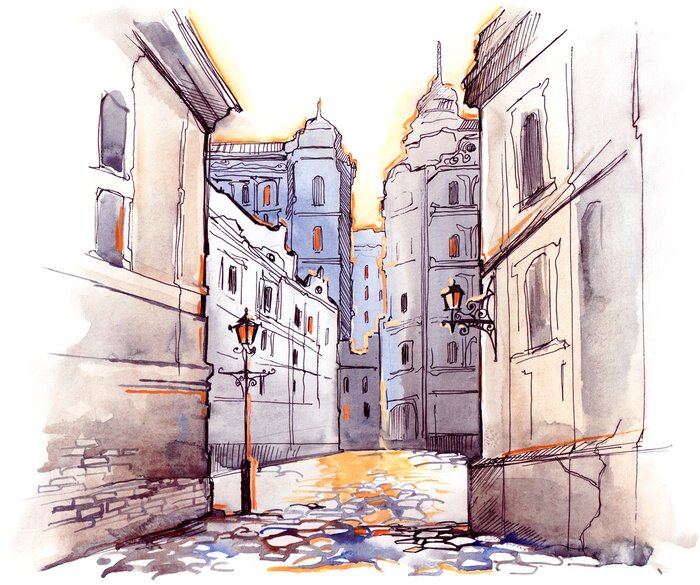 Tableau  Ruelle pavée peinte et lampadaires