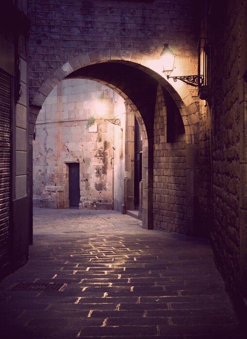 Tableau  Ruelle sombre et lampadaires