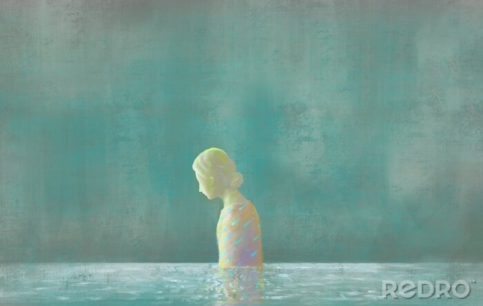 Tableau  Sadness woman in water, surreal painting illustration