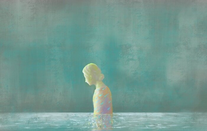 Tableau  Sadness woman in water, surreal painting illustration