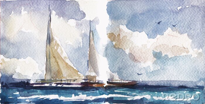 Tableau  Sailboats in sea hand drawn watercolor illustration.