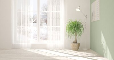 Tableau  Salle vide blanche avec paysage d'hiver dans la fenêtre. Design d'intérieur scandinave. Illustration 3D