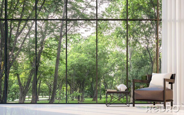 Tableau  Salon moderne avec vue sur le jardin Image en 3D. Il y a une grande fenêtre donnant sur le jardin environnant et la nature