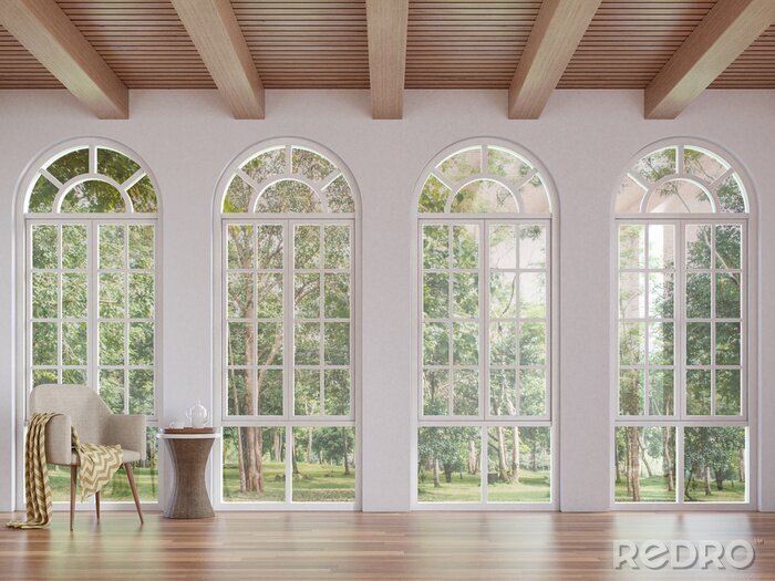 Tableau  Salon scandinave image de rendu 3d. Les chambres ont des planchers en bois et des plafonds avec des murs blancs. Il y a une fenêtre en forme d'arc donnant sur la nature.
