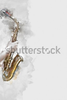 Tableau  Saxophone abstrait au premier plan. Gros plan, peinture aquarelle jazz jouant du saxophone.