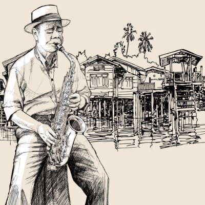 Saxophoniste sur fond de ville