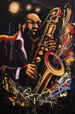 Saxophoniste sur fond noir avec des sprays et des éclaboussures, Fantasy art original, acrylique sur toile