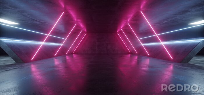 Tableau  Sci Fi Futuristic Alien Tunnel Ship Corridor Underground Laser Purple Blue Neon Light Lines On Grunge Reflective Concrete Empty Space Background 3D Rendering