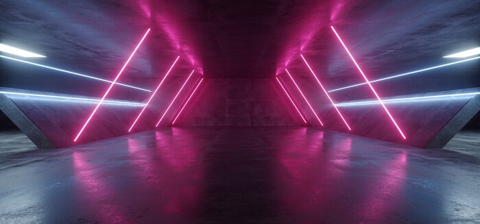Tableau  Sci Fi Futuristic Alien Tunnel Ship Corridor Underground Laser Purple Blue Neon Light Lines On Grunge Reflective Concrete Empty Space Background 3D Rendering