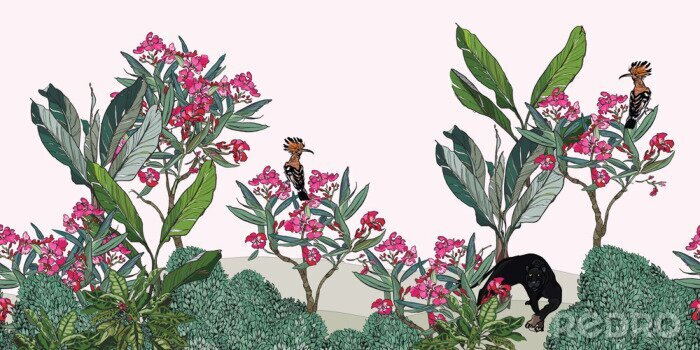 Tableau  Seamless Border Oleander Blooming Garden Palm Trees with Black Pantera and Hoopoe Birds, Panorama View Spring Blooms Pink Flowers, Floral Mural, Hand Drawn Illustration Paradise, Wildlife in Tropics