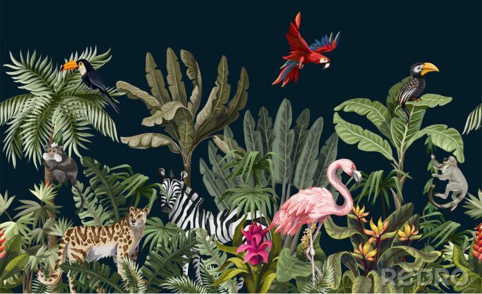 Tableau  Seamless border with jungle animals, flowers and trees. Vector.
