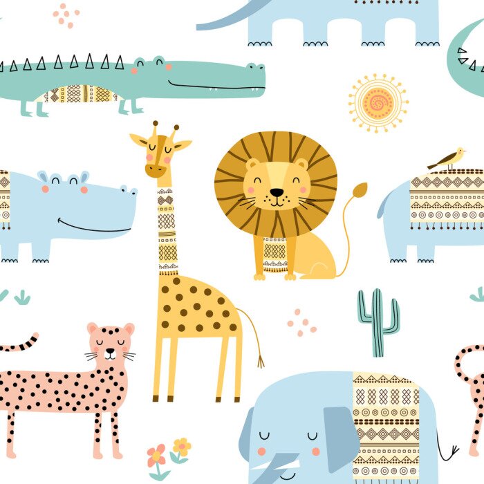 Tableau  Seamless childish pattern with cute African animals. Scandinavian style kids texture for fabric, wrapping, textile. Vector illustration.
