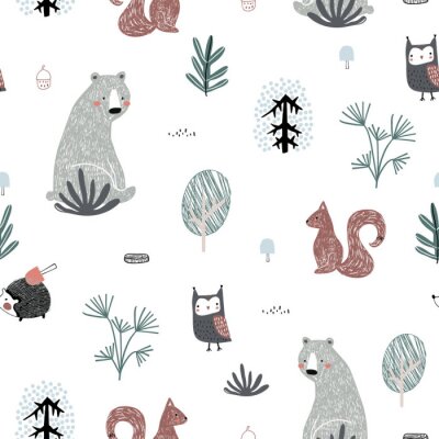 Seamless childish pattern with cute bear, squirrels, owl, hedgehog in the wood. Creative kids forest texture for fabric, wrapping, textile, wallpaper, apparel. Vector illustration