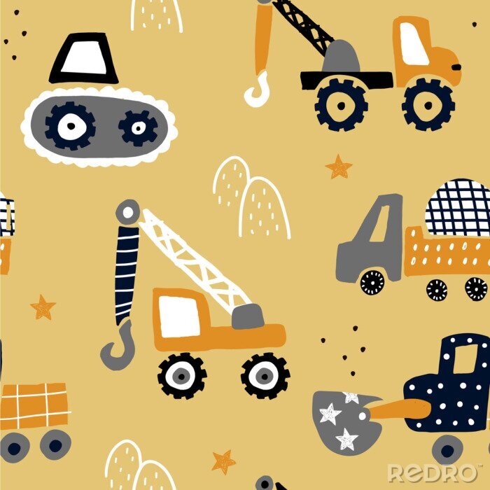 Tableau  Seamless childish pattern with hand drawn building cars. Creative kids texture for fabric, wrapping, textile, wallpaper, apparel. Vector illustration