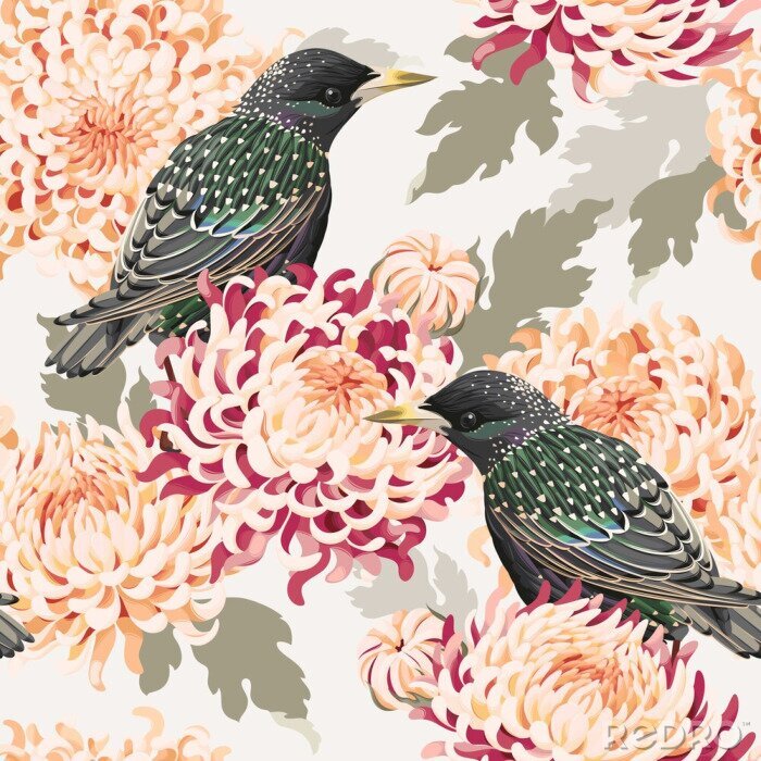 Tableau  Seamless, chrysanthème, oiseaux
