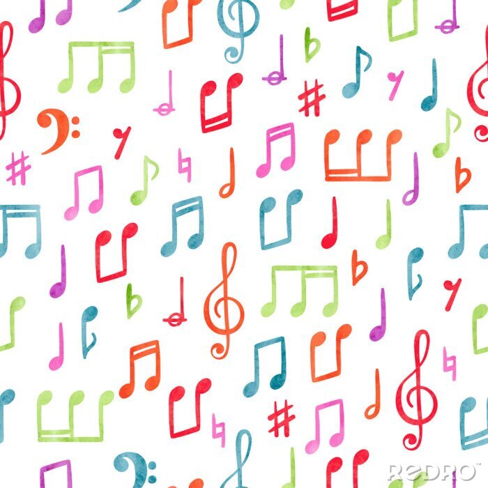 Tableau  Seamless colorful music notes pattern. Musical watercolor background.	