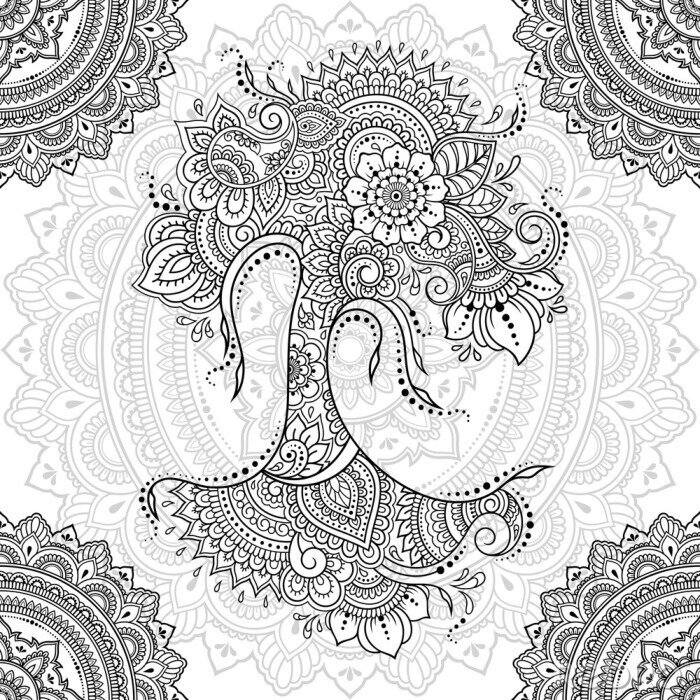 Tableau  Seamless decorative ornament in ethnic oriental style. Circular pattern in form of mandala and tree with flower for Henna, Mehndi, decoration and coloring. Doodle outline hand draw vector illustration