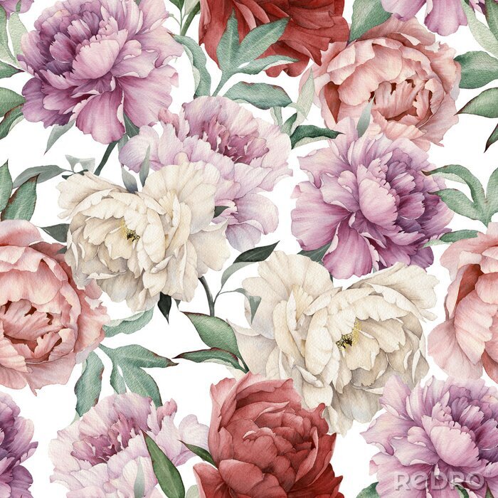 Tableau  Seamless floral pattern with peonies, watercolor.