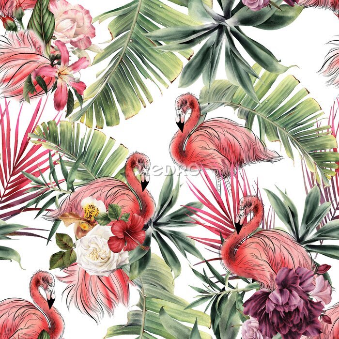 Tableau  Seamless floral pattern with tropical flowers and flamingo, watercolor.