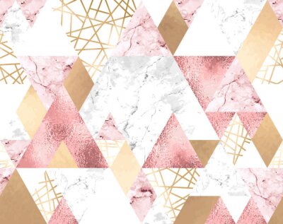 Seamless geometric pattern with metallic lines, rose gold, gray and pink marble triangles