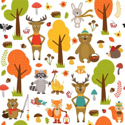 Papier peint à motif  Seamless, modèle, animaux, forêt, blanc, fond, vecteur, Illustration, EPS